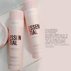 Braé Essential Shampoo application on hair, emphasizing cleansing and gentle repair.