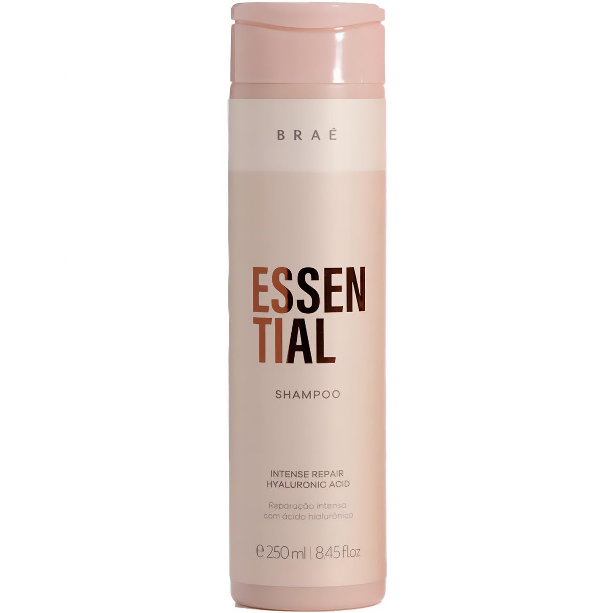 Braé Essential Shampoo bottle front showing deep restoration and hydration potential.