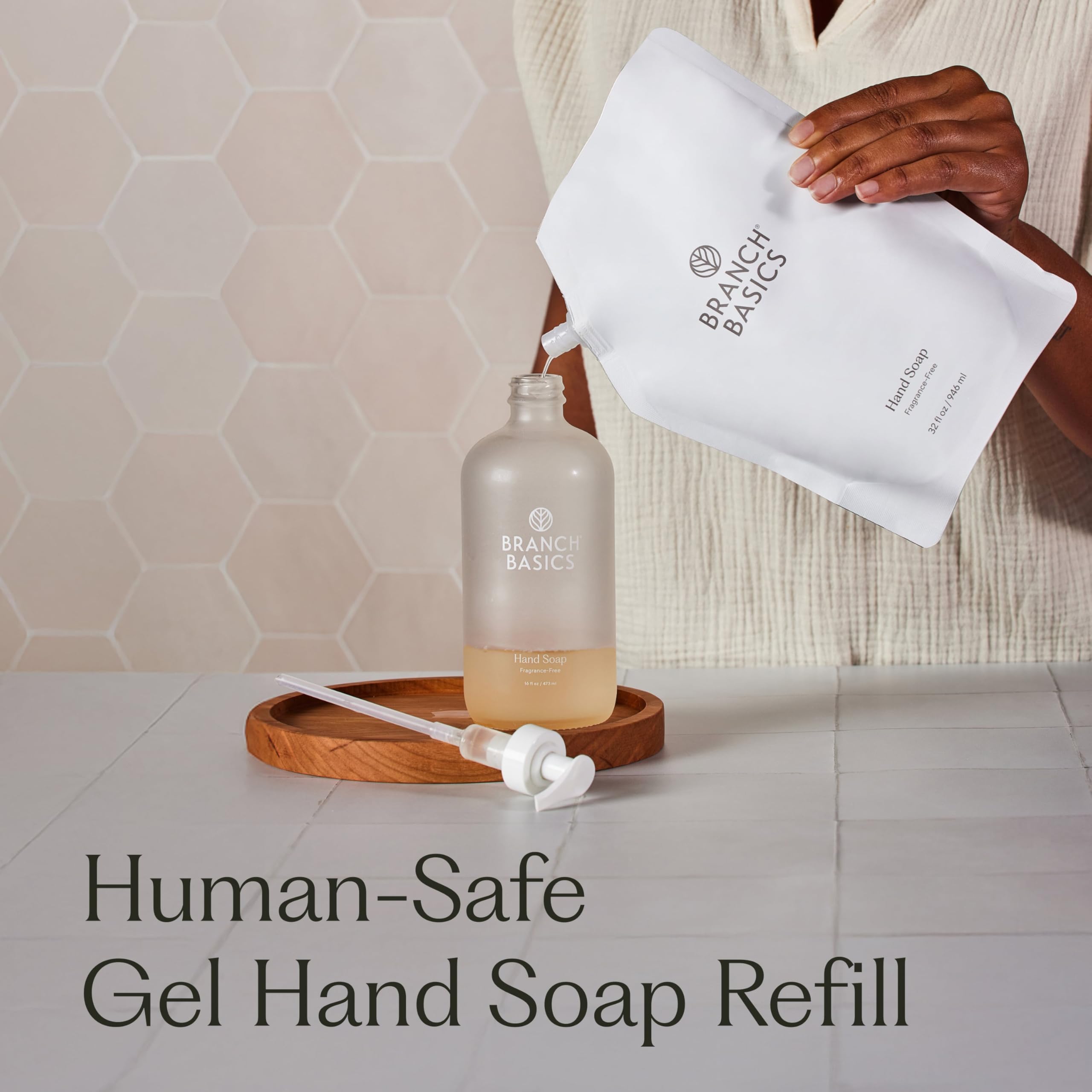 Branch Basics gel hand soap bottle with pump ready for safe, gentle handwashing.