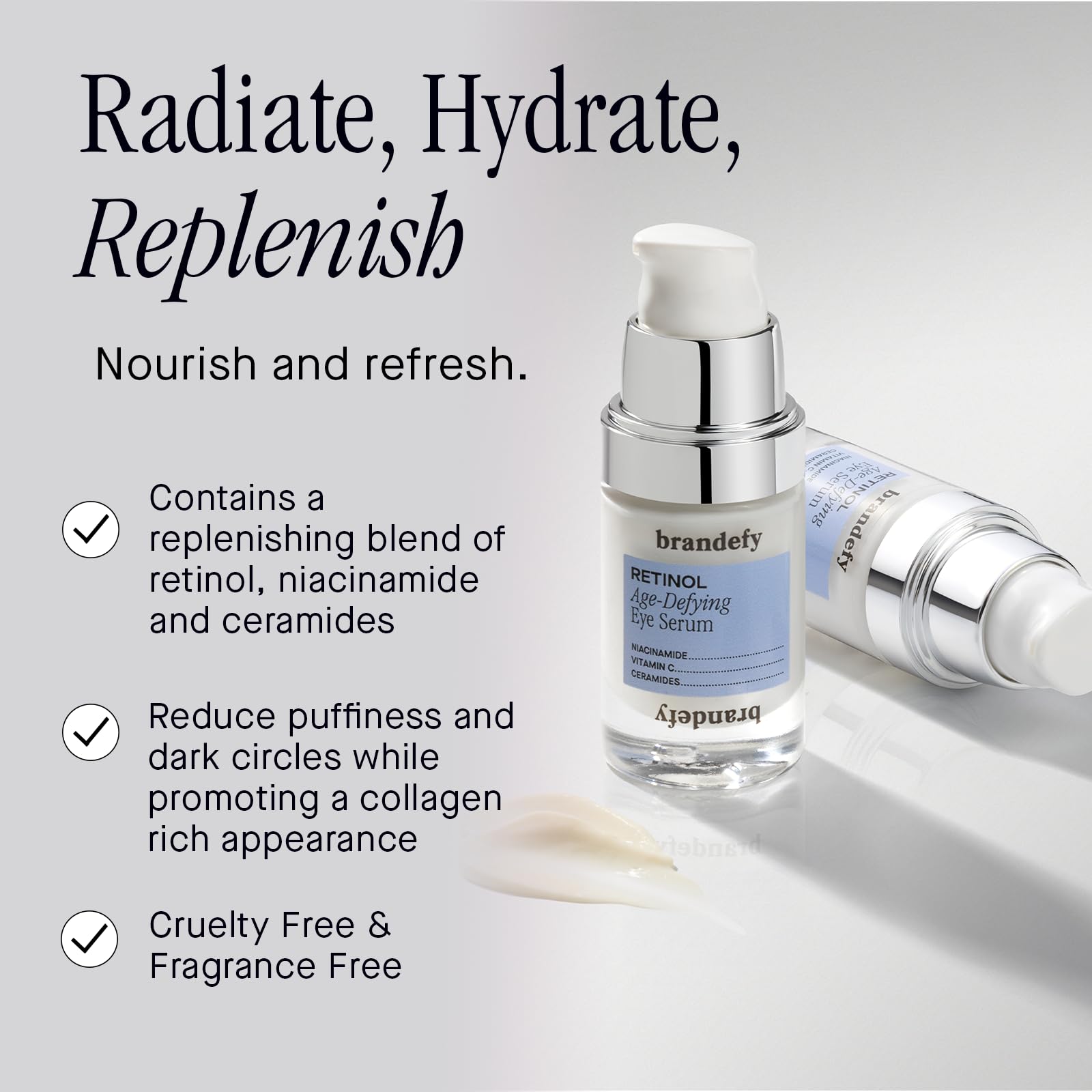 Brandefy eye serum being applied near the eye area to soothe puffiness