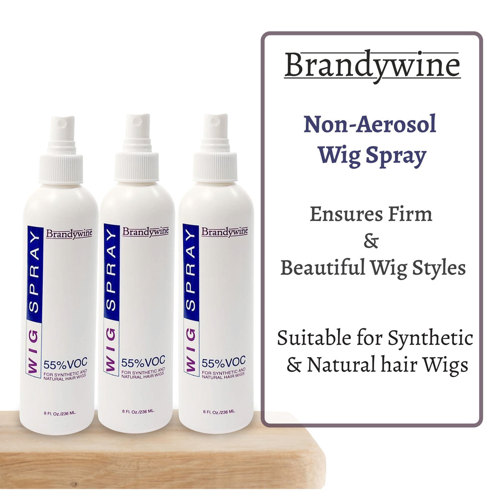 Brandywine non-aerosol wig spray 3-pack packaging shown