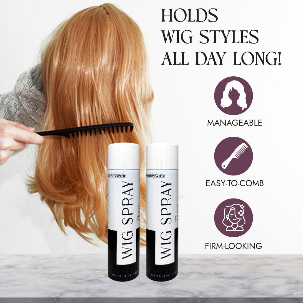Brandywine wig spray aerosol bottle beside curling style demonstrates versatile use on toppers and extensions.