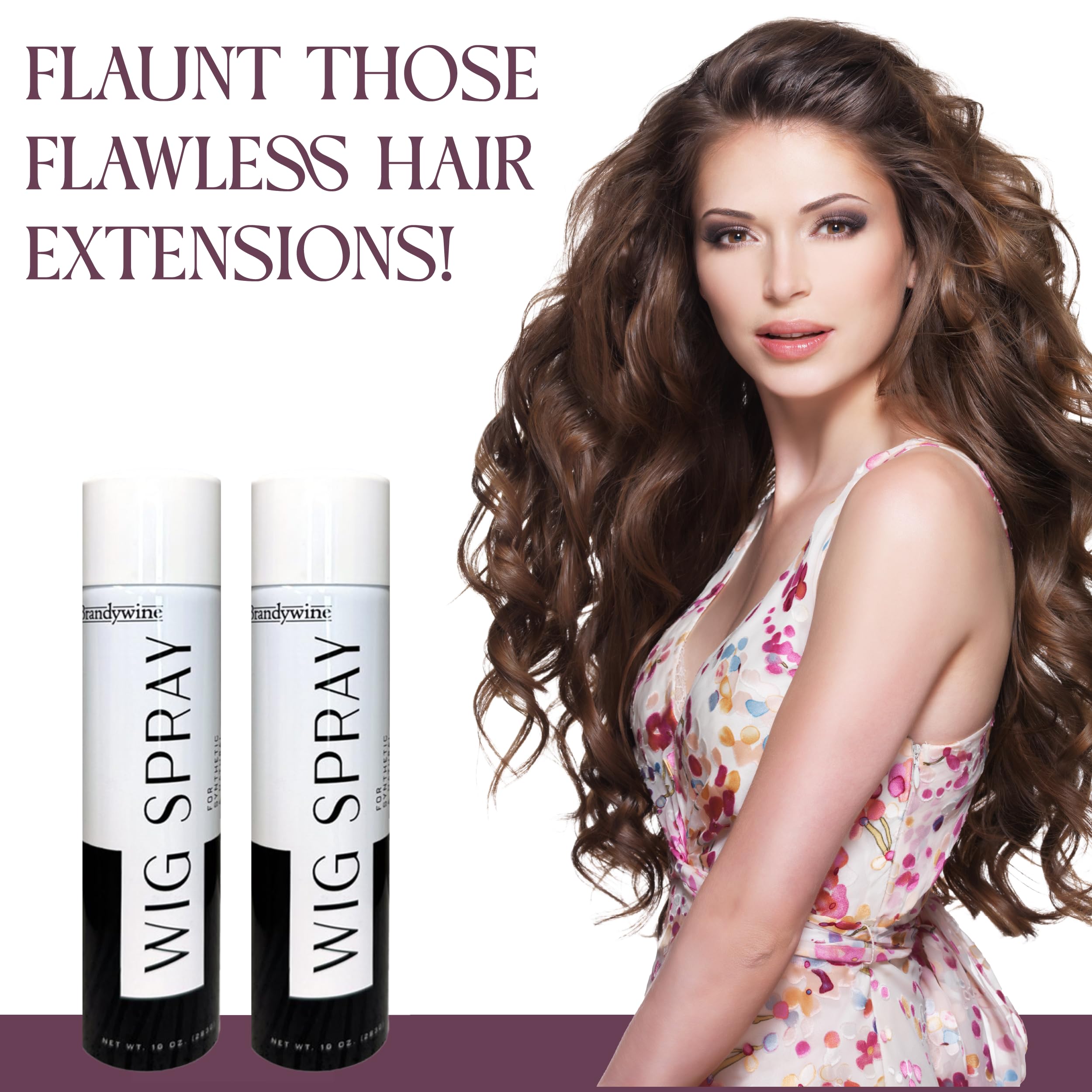 Brandywine wig spray illustration emphasizes non-greasy, flexible hold for natural and synthetic hair.