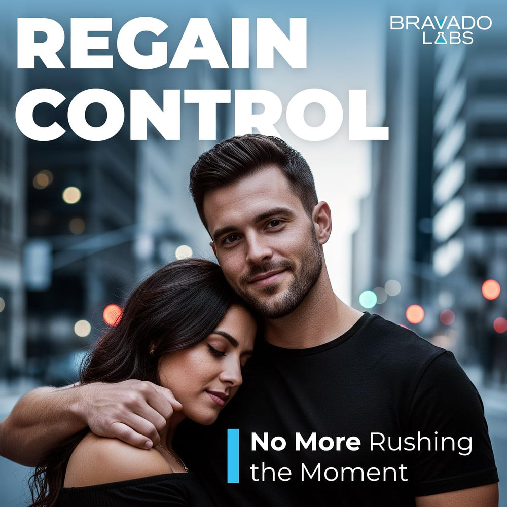 Bravado Labs Delay Cream application shows quick pea-sized dab for comfort.