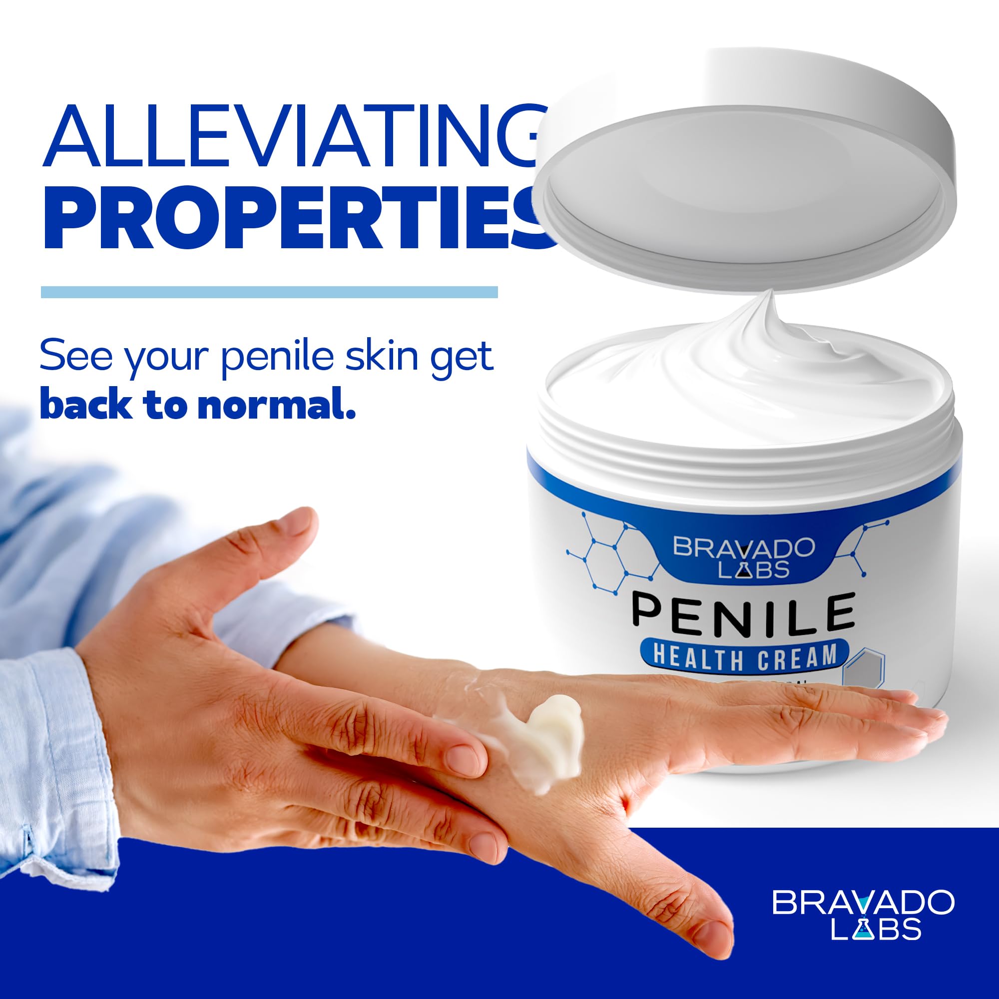 Bravado Labs Premium Penile Health Creme jar displaying creamy texture for dry skin relief