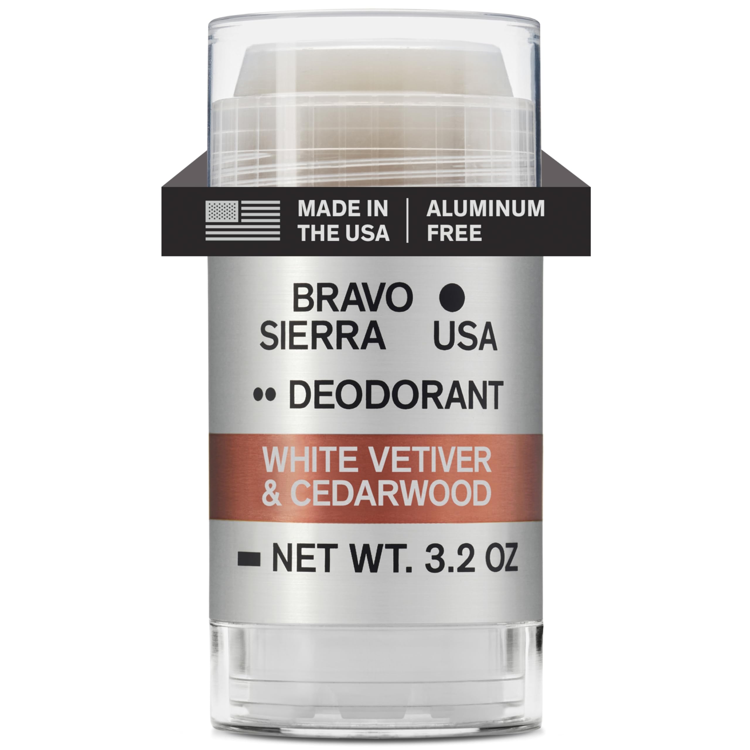 Bravo Sierra aluminum-free deodorant bottle with cedarwood and white vetiver for long-lasting protection