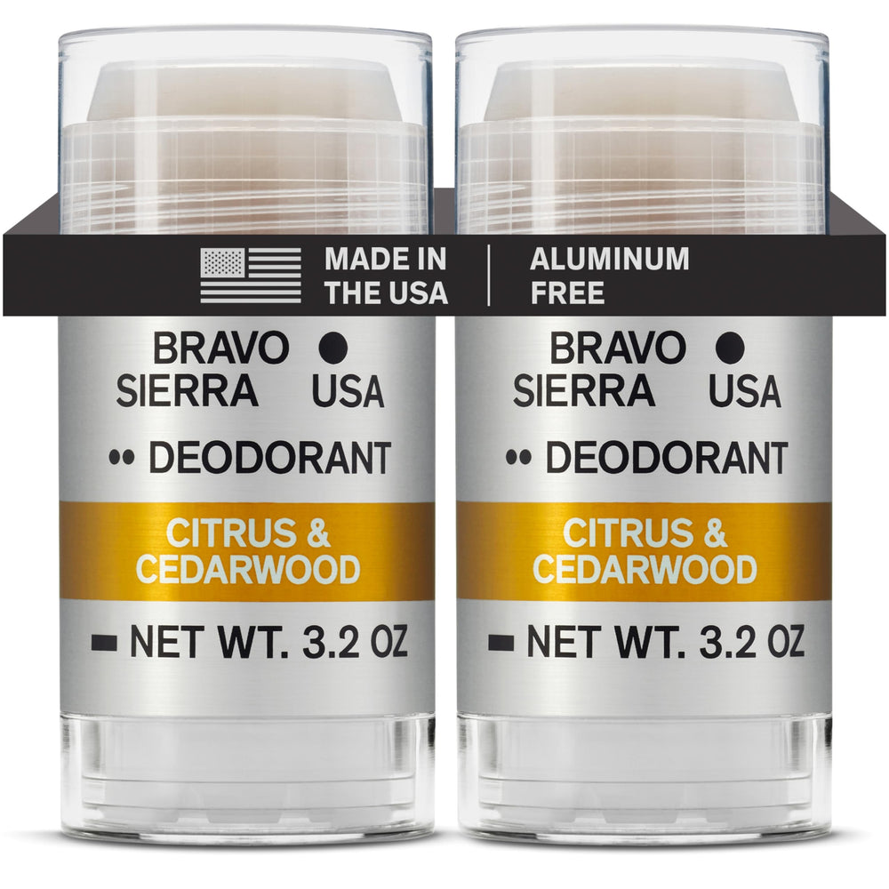 Bravo Sierra aluminum-free deodorant stick with citrus-cedarwood scent for long-lasting freshness.