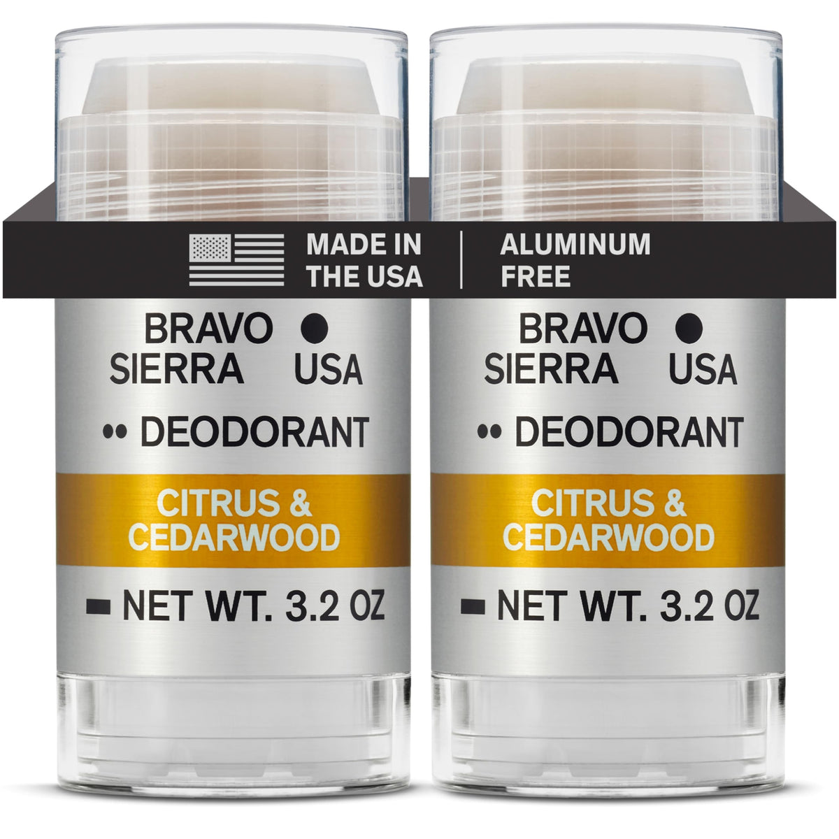 Bravo Sierra aluminum-free deodorant stick with citrus-cedarwood scent for long-lasting freshness.