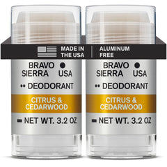 Bravo Sierra aluminum-free deodorant stick with citrus-cedarwood scent for long-lasting freshness.