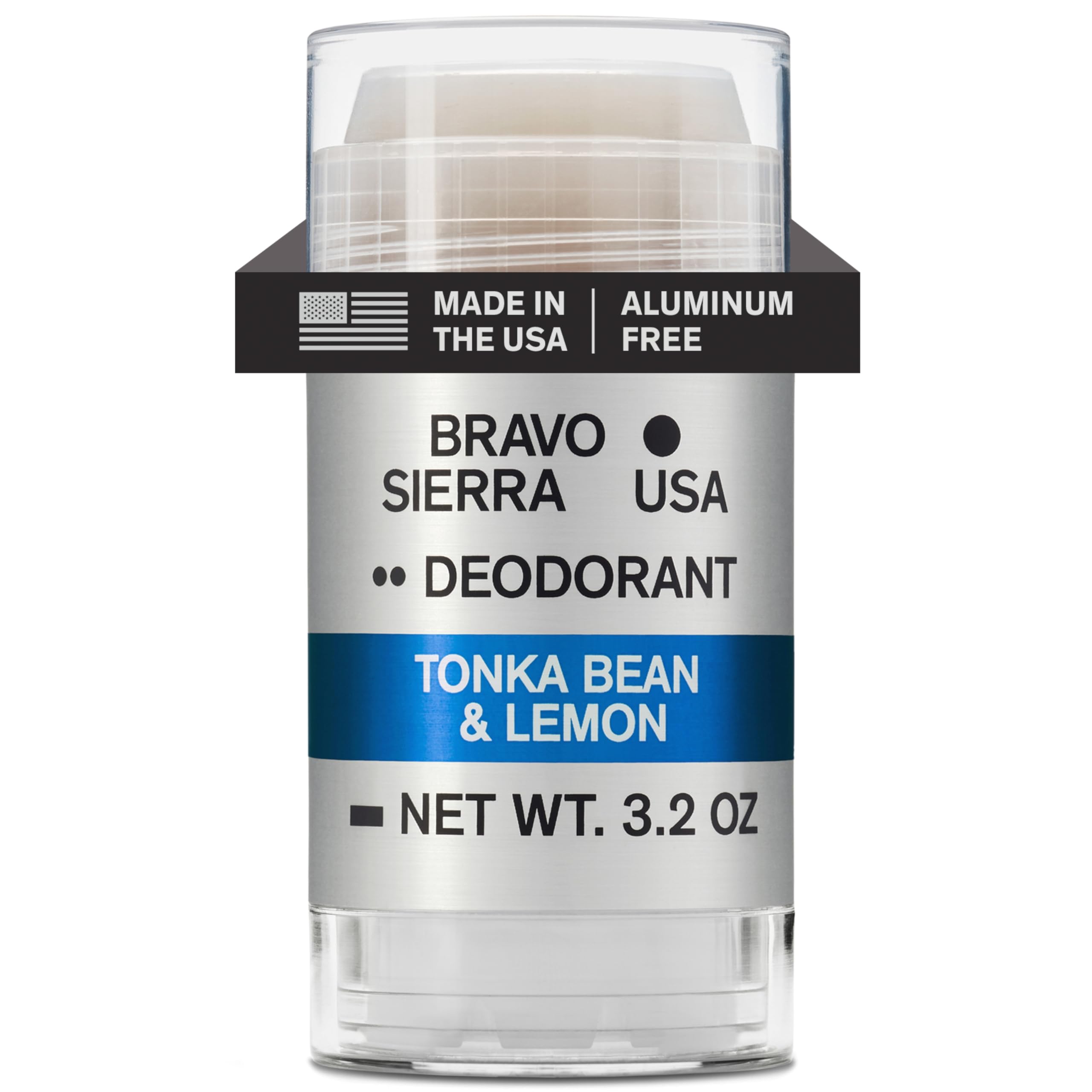 Bravo Sierra aluminum-free deodorant packaging with tonka bean and lemon scent for all-day freshness.