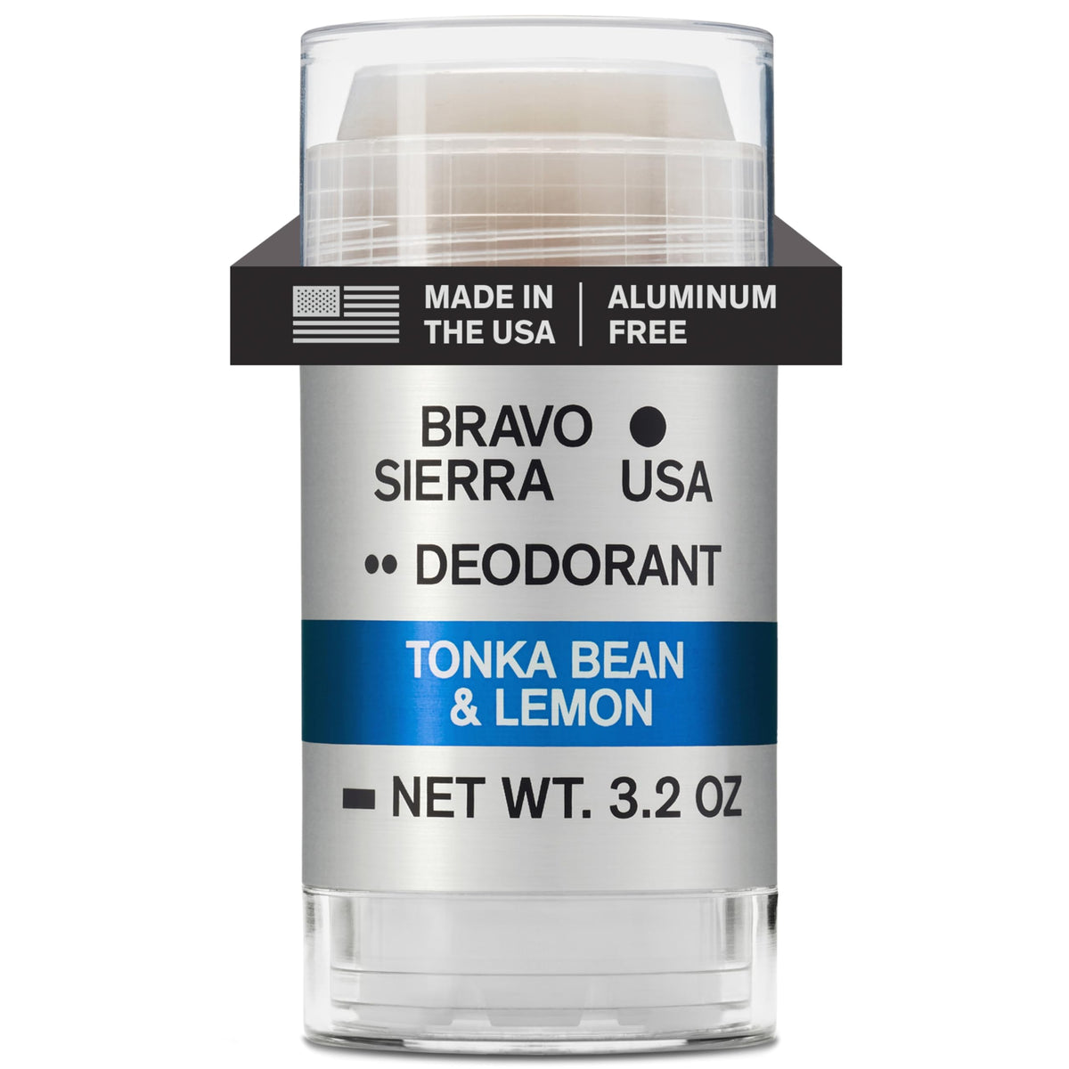 Bravo Sierra aluminum-free deodorant packaging with tonka bean and lemon scent for all-day freshness.