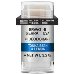 Bravo Sierra aluminum-free deodorant packaging with tonka bean and lemon scent for all-day freshness.