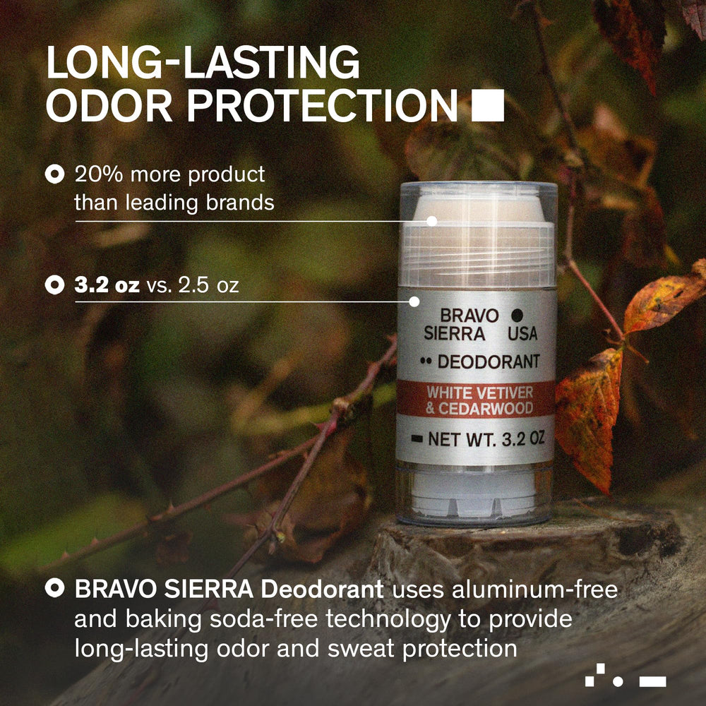 Bravo Sierra deodorant bottle close-up showing cedarwood and white vetiver scent for all-day freshness