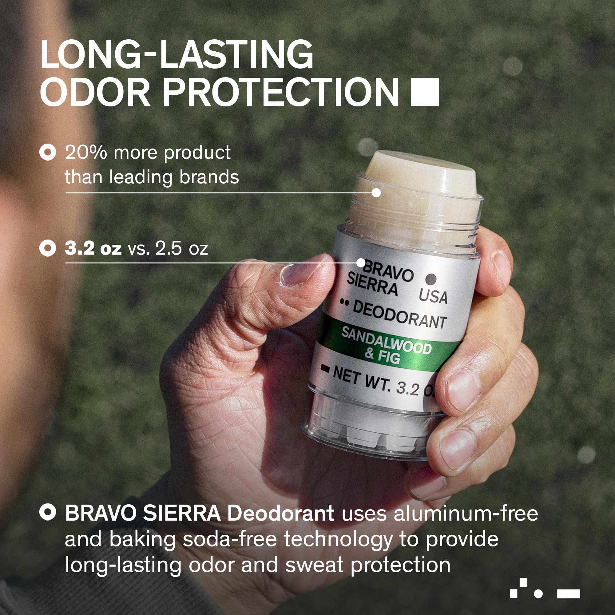 Close-up of Bravo Sierra deodorant stick for smooth, clear application