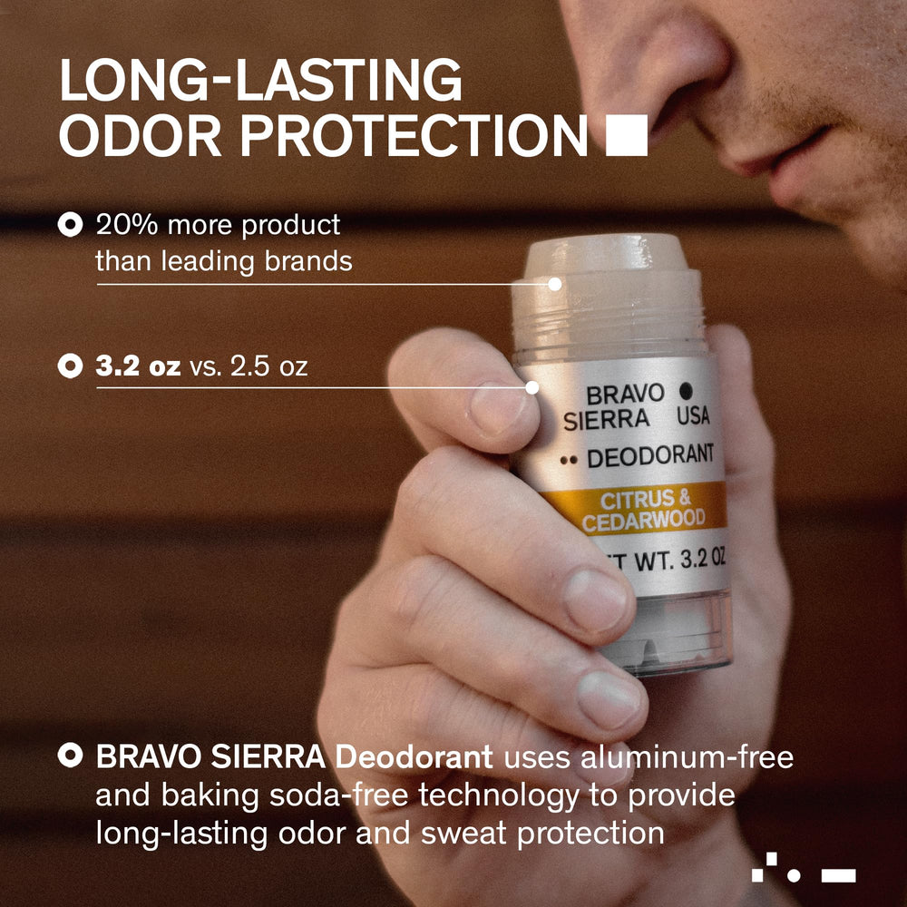 Bravo Sierra 3-pack bottles show cedarwood citrus scent for quick daily refresh.