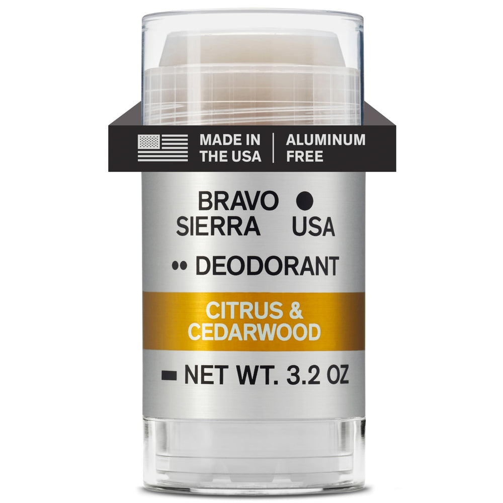 Bravo Sierra aluminum-free deodorant front packaging shows citrus cedarwood scent