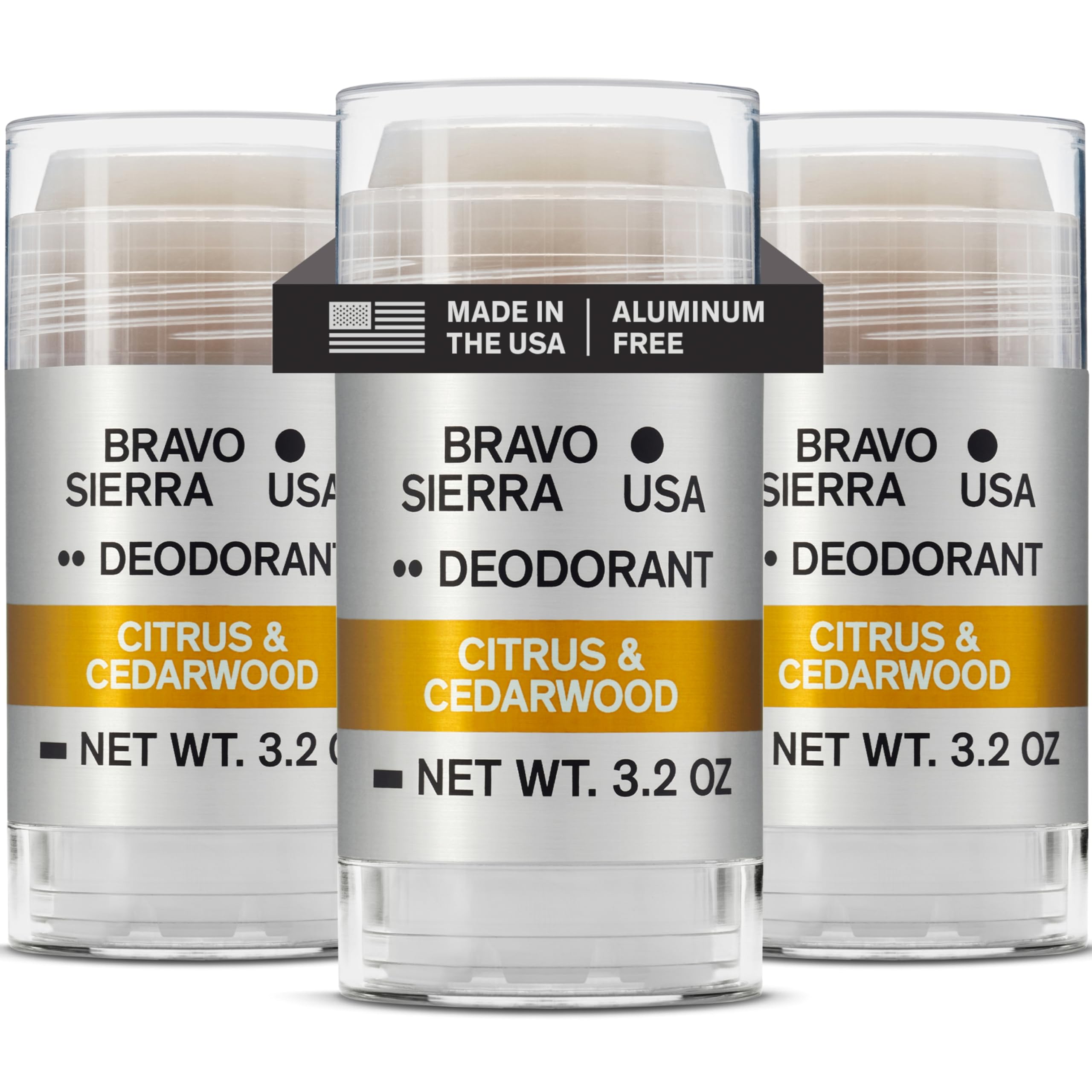 Bravo Sierra cedarwood citrus deodorant packaging highlighting a 3-pack for long-lasting protection.