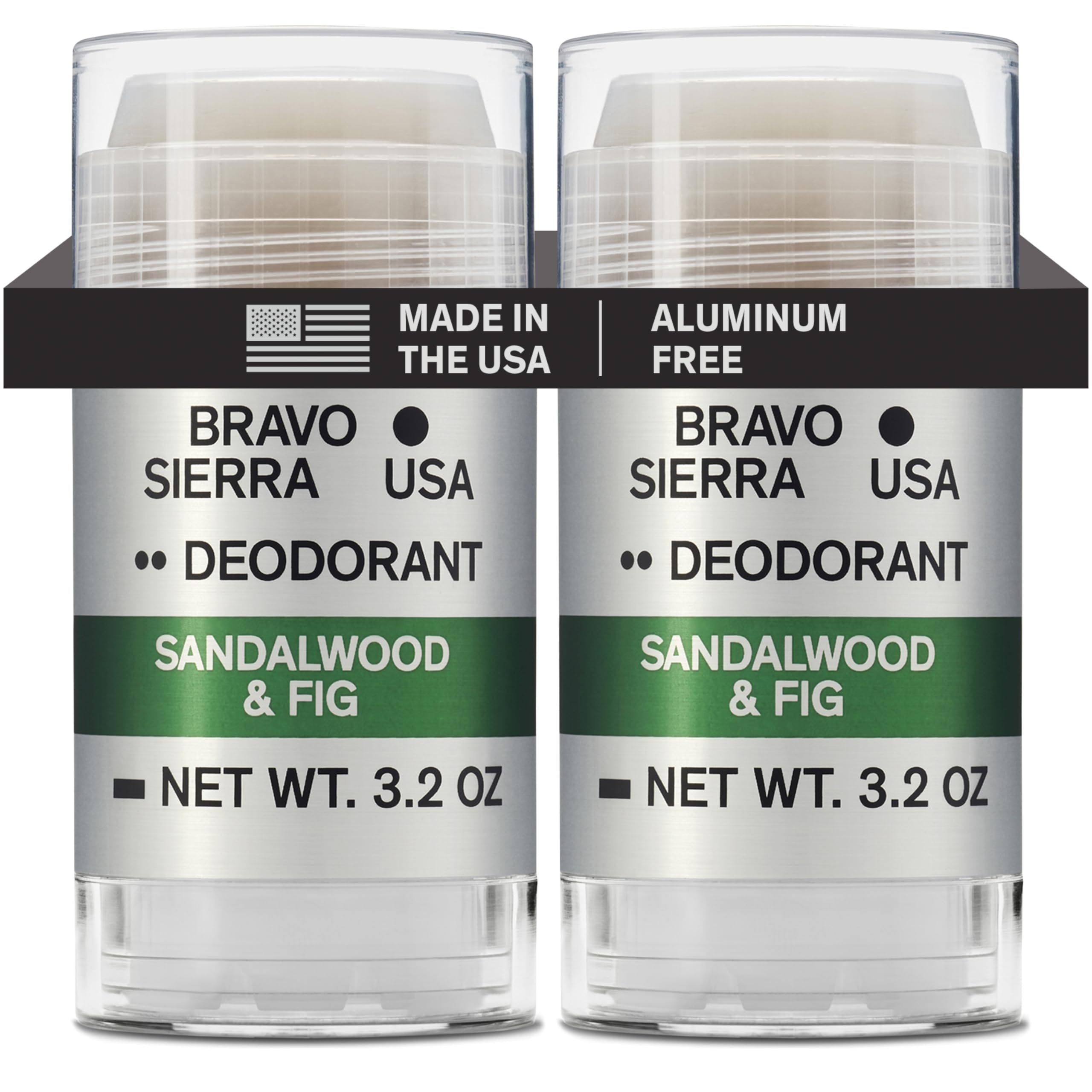 Bravo Sierra deodorant packaging shows sandalwood and fig scent for two-pack