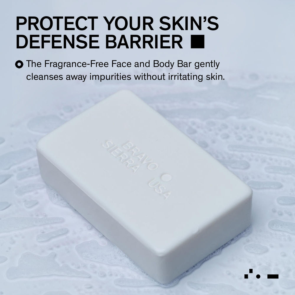Bravo Sierra fragrance-free soap close-up shows glycerin and shea butter for hydration.