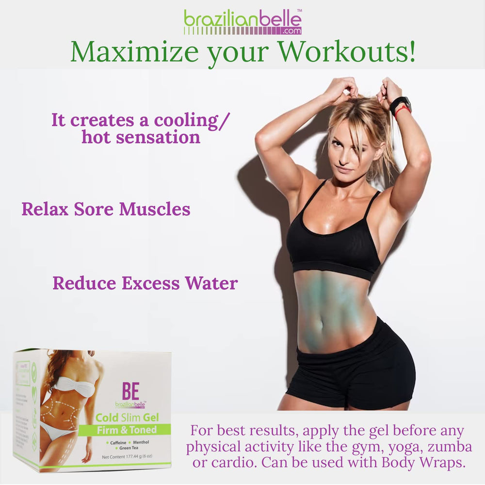 Brazilian Belle gel with caffeine for potential firming effect.