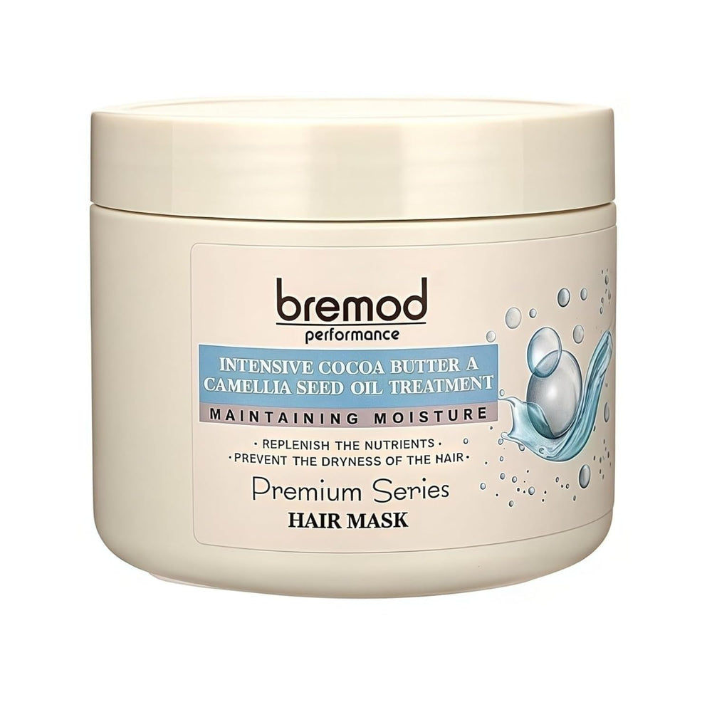 Bremod Performance Cocoa Butter & Camellia Seed Oil Hair Mask bottle promotes deep hydration.