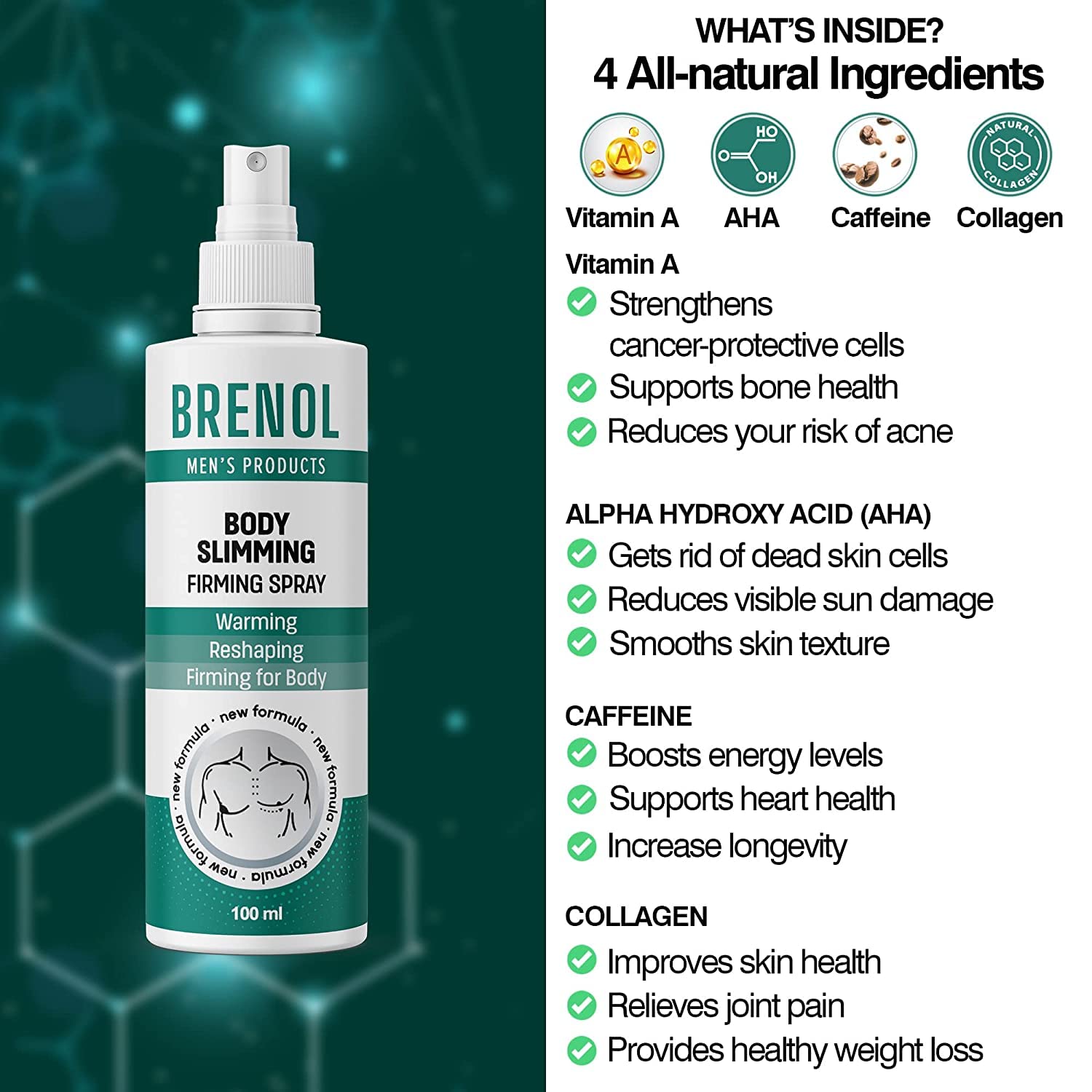 Brenol Body Firming Spray texture close-up shows quick absorption and comfort