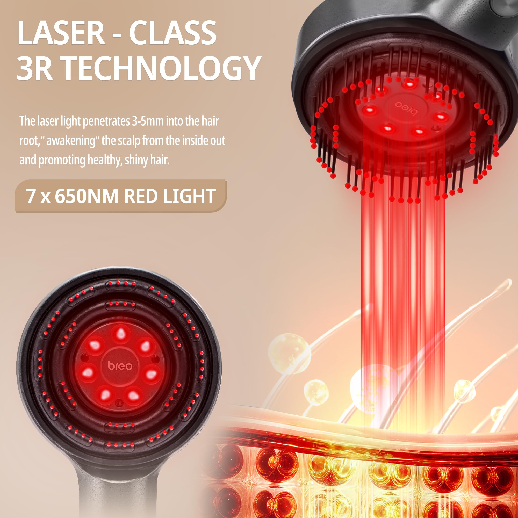 Breo Scalp 3L shows 650nm infrared lights for stimulating hair follicles.