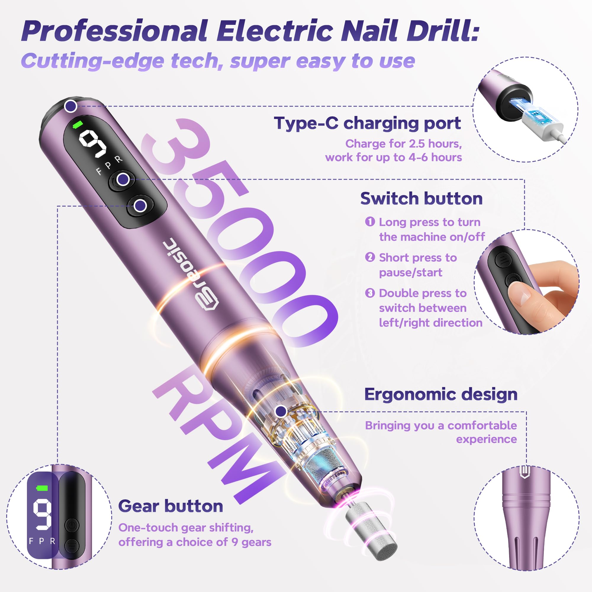 Breosic nail drill LED display for easy speed and battery check.