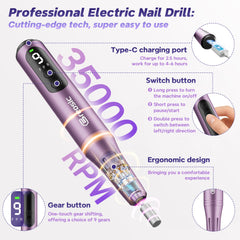 Breosic nail drill LED display for easy speed and battery check.