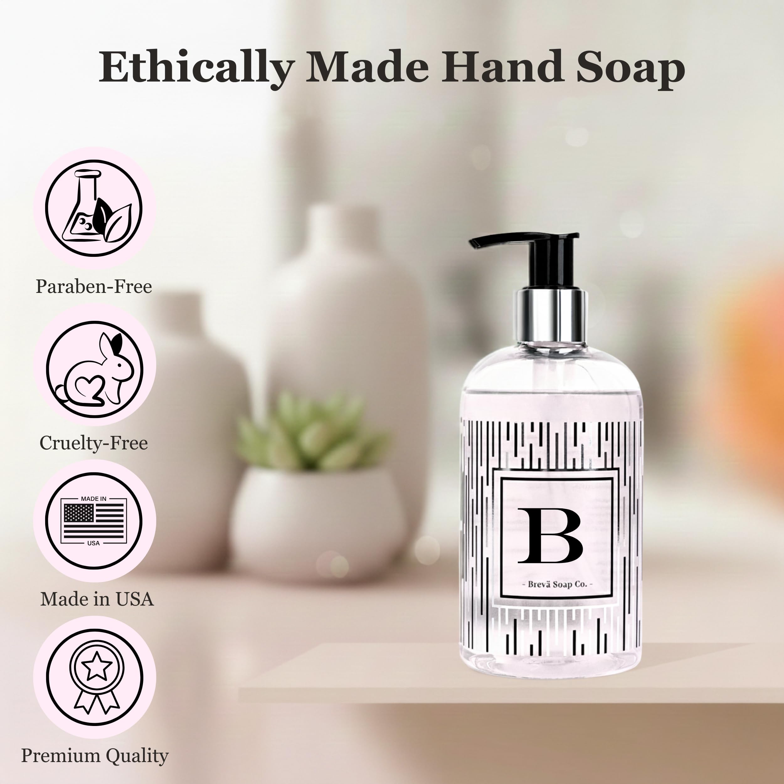 Brevä Soap Co. 12 oz citrus bloom hand soap bottle close-up, premium ingredients.