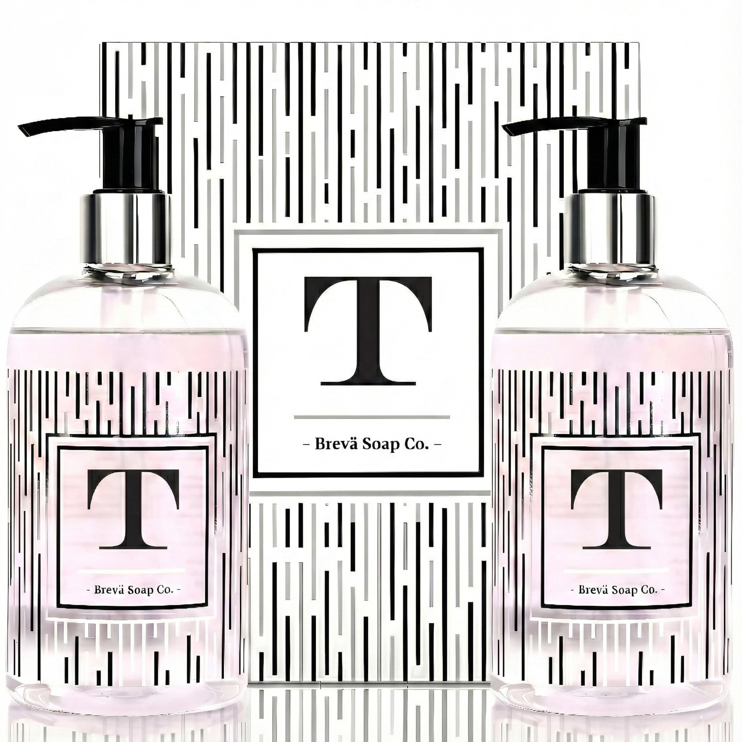 Brevä Soap Co. monogrammed hand soap bottle with letter T adds personalized luxury to your sink.