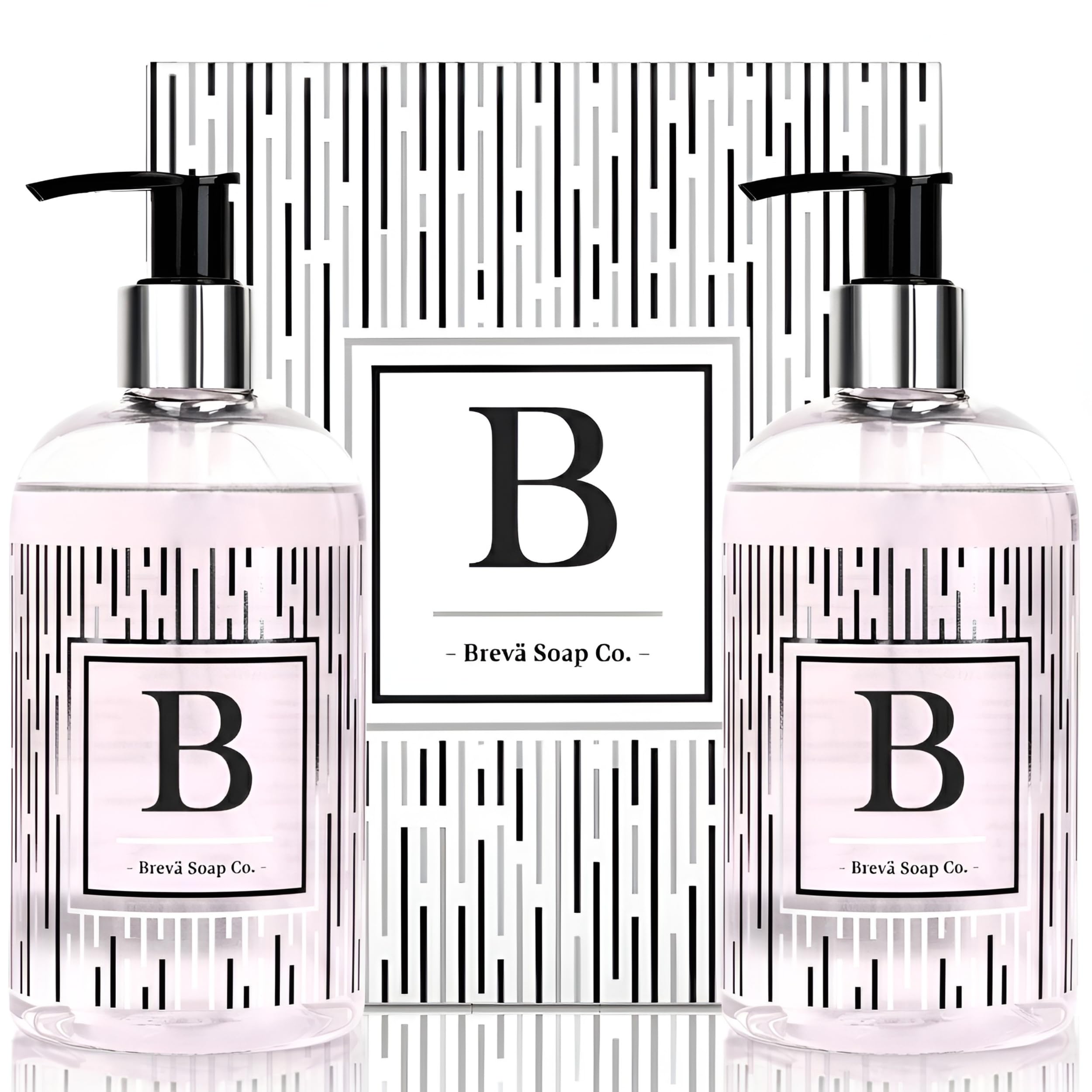 Brevä Soap Co. monogrammed bottle front view for chic bathroom decor.
