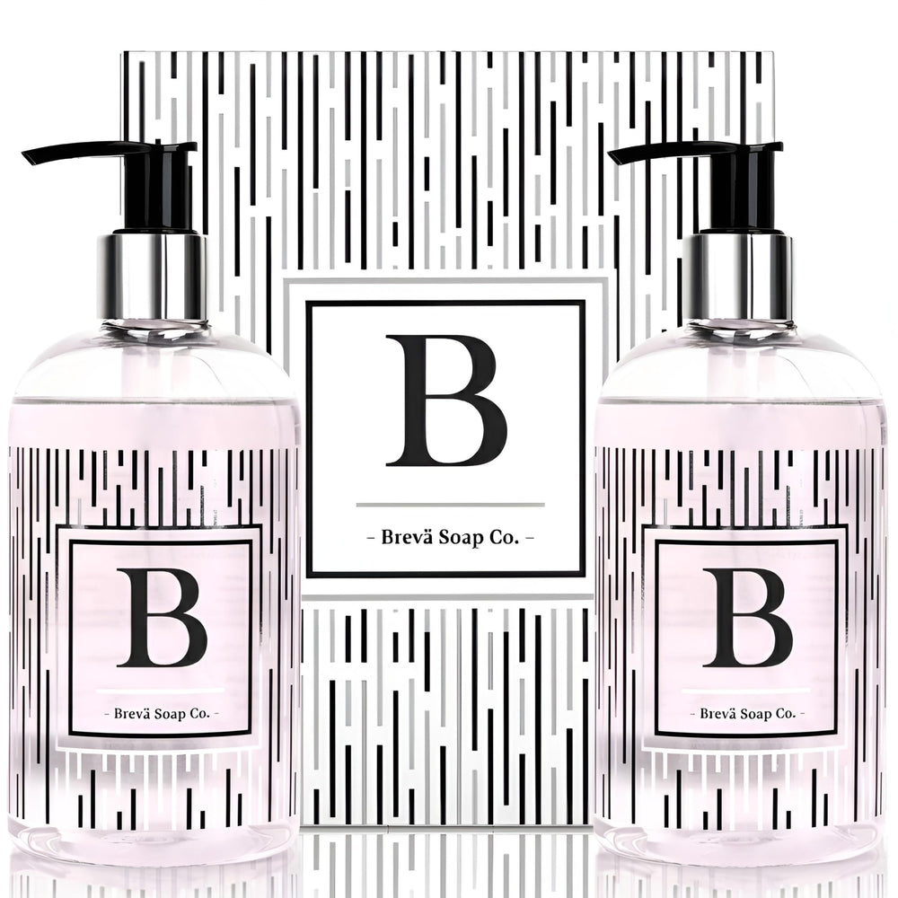 Brevä Soap Co. monogrammed bottle front view for chic bathroom decor.