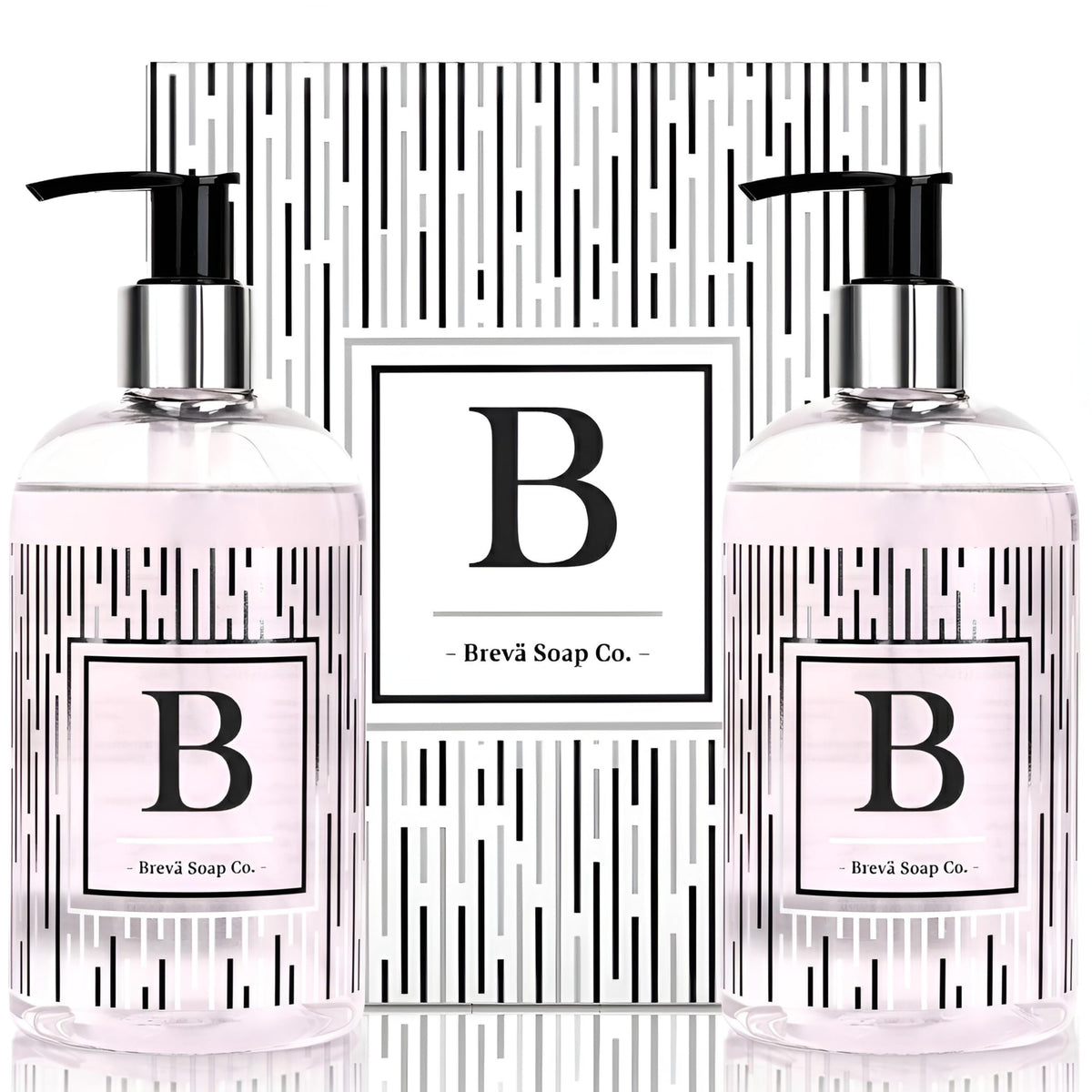 Brevä Soap Co. monogrammed bottle front view for chic bathroom decor.