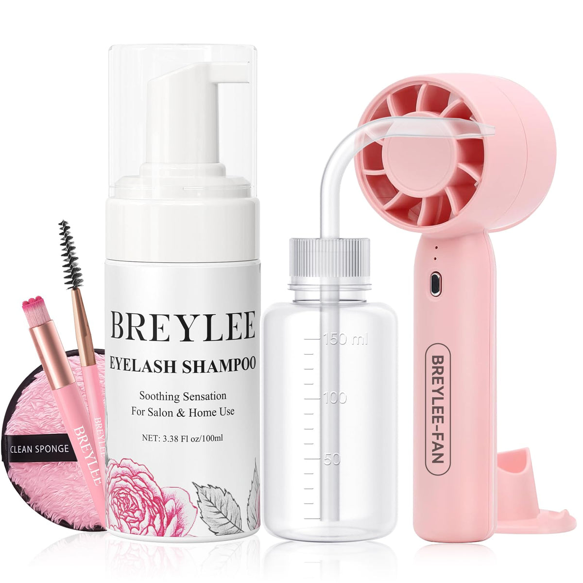 BREYLEE lash shampoo bottle with rose scent for gentle cleansing of lash extensions.