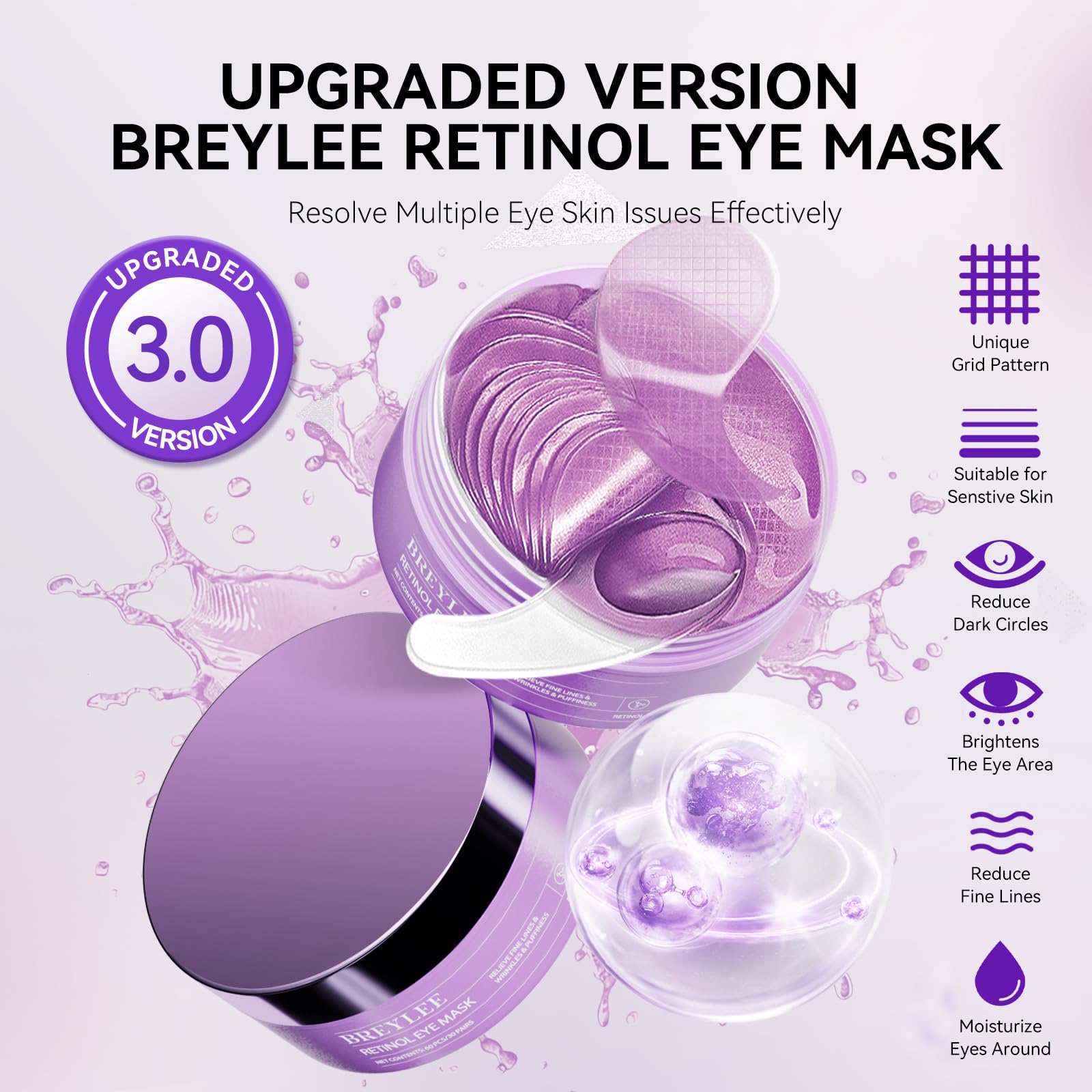 BREYLEE Retinol Eye Mask hyaluronic-acid boost for smooth, hydrated under-eye skin.