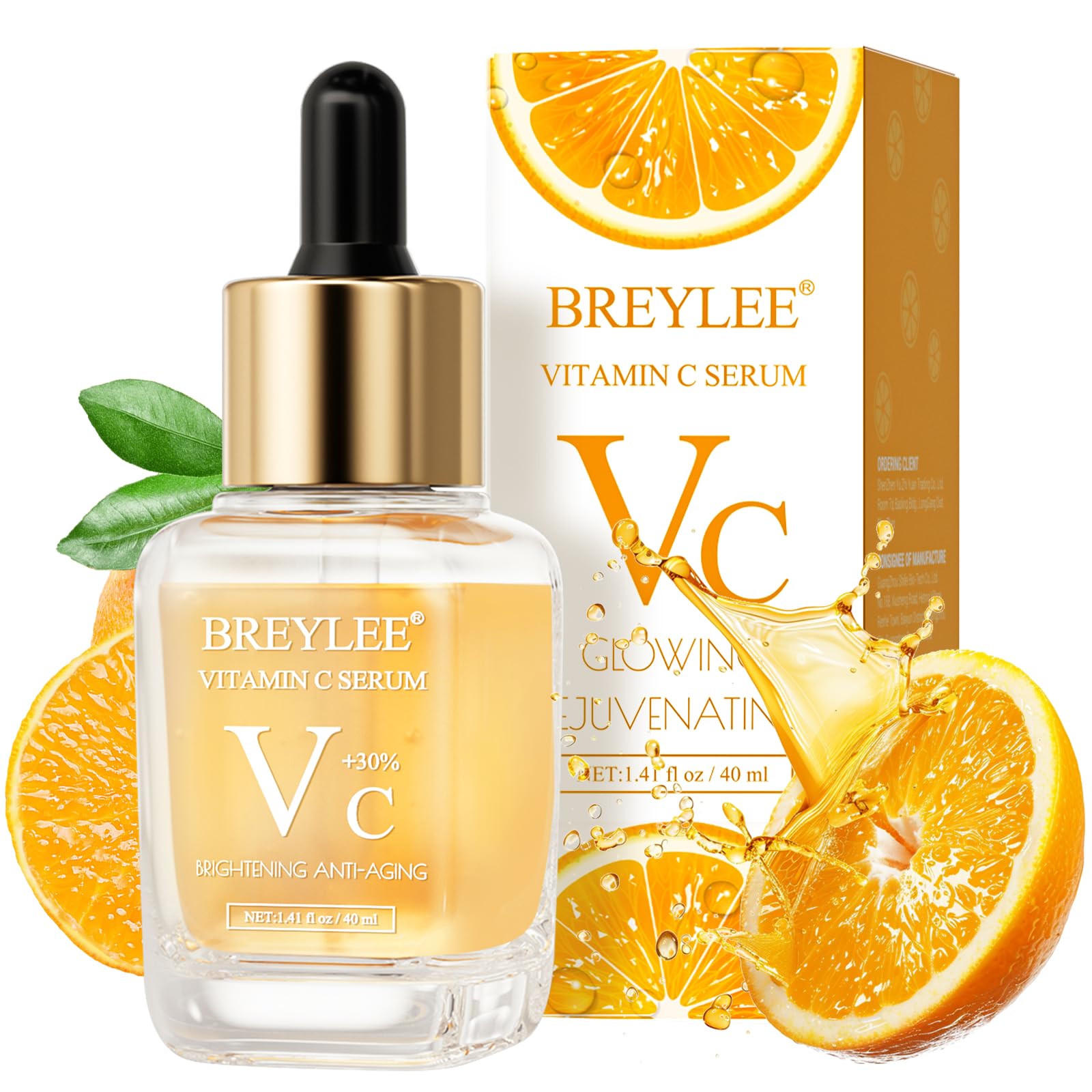 BREYLEE Vitamin C Serum bottle pour highlights brightening action for daytime glow.