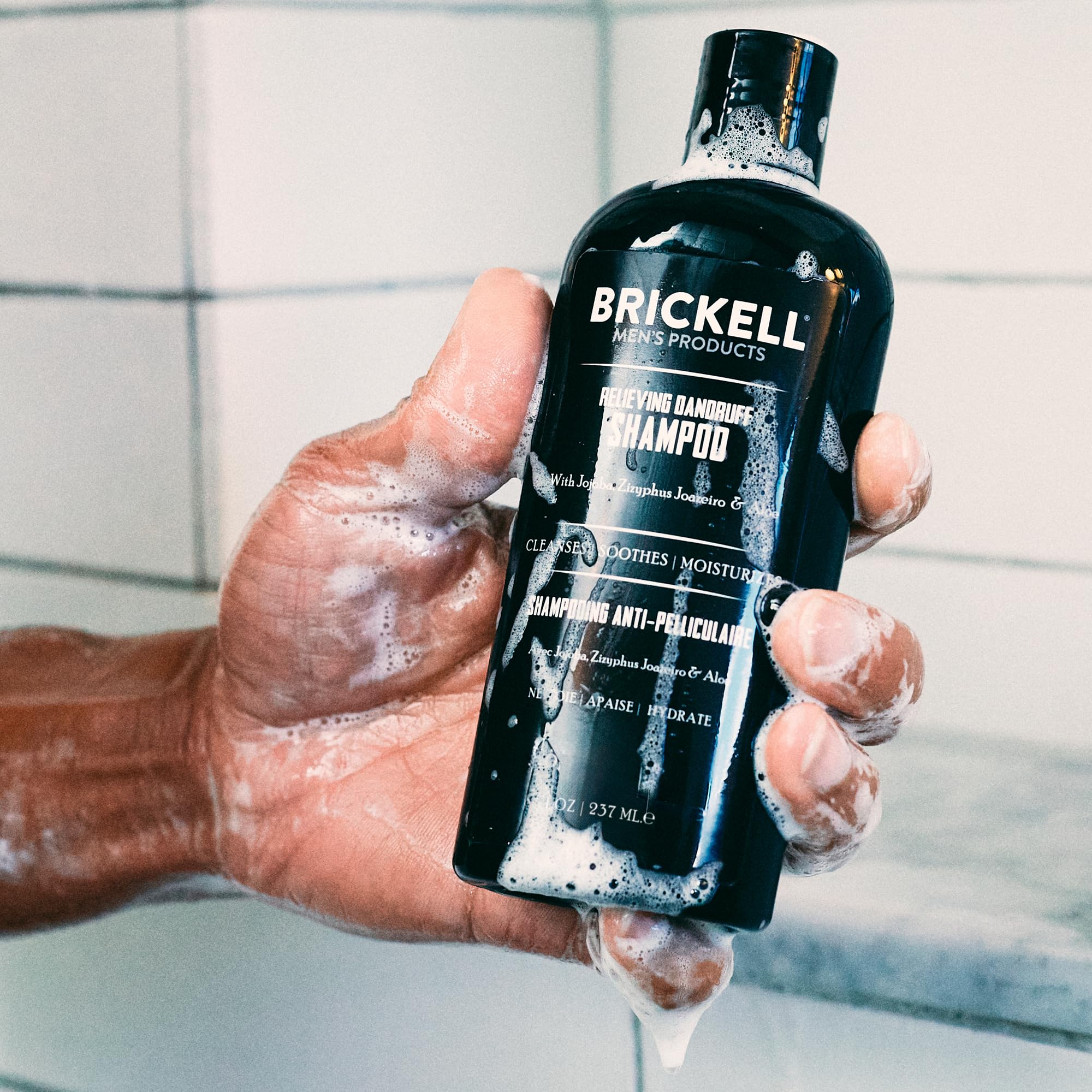 Brickell Dandruff Shampoo lather demonstrates gentle cleansing and flake reduction.