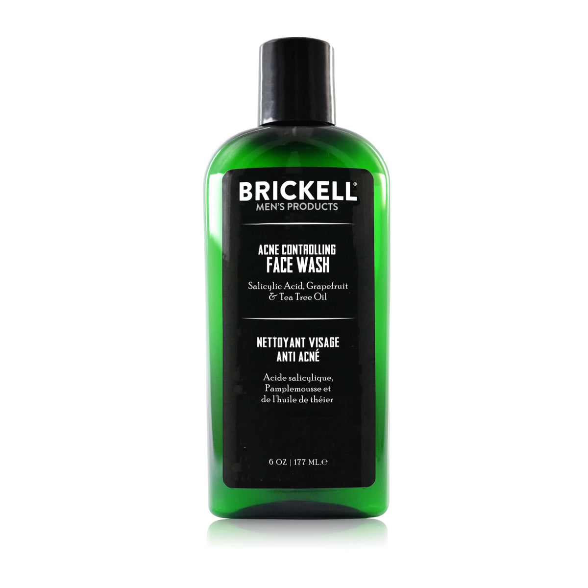 Brickell Men's Acne Face Wash bottle highlights natural ingredients for clearer skin