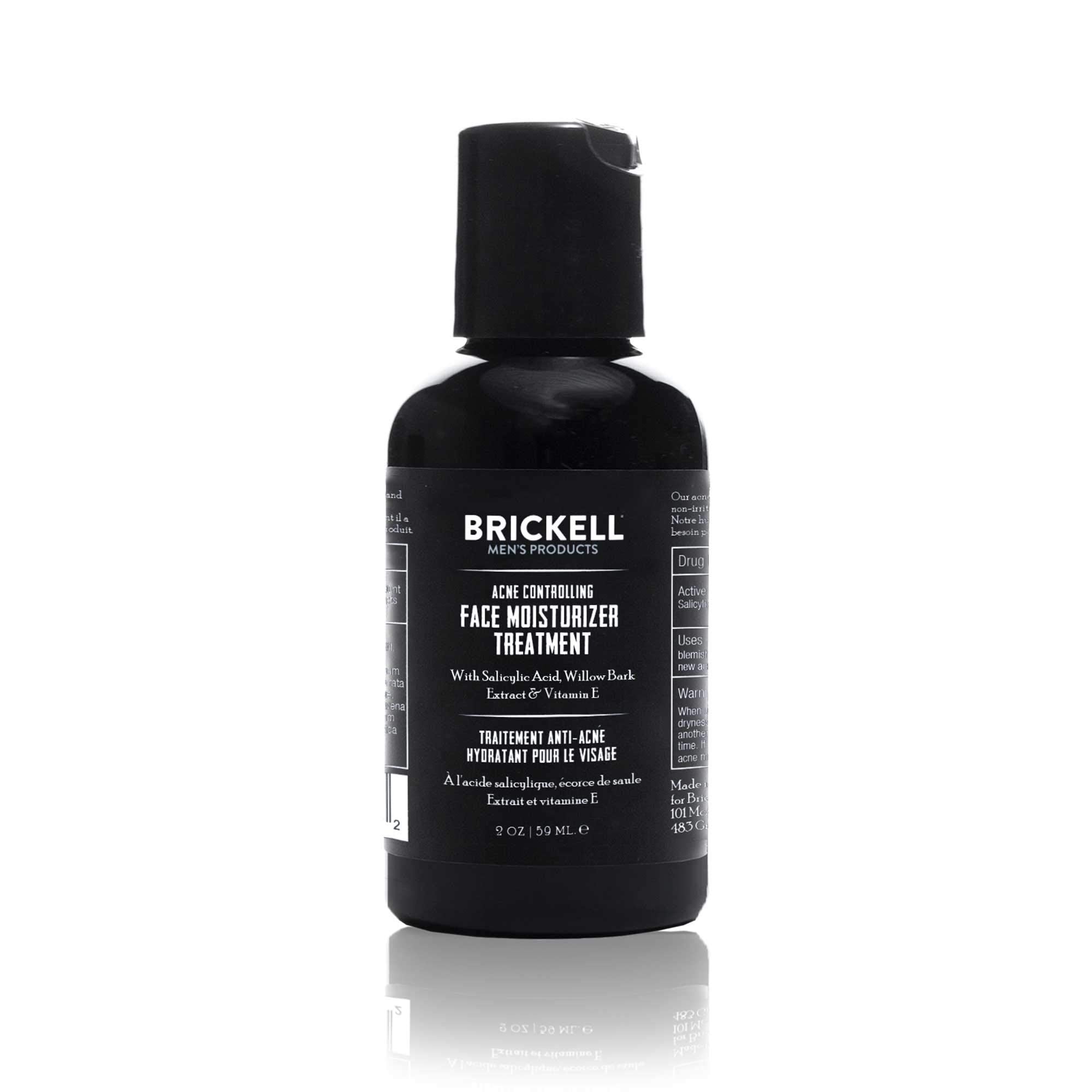 Brickell Men's Acne Controlling Moisturizer bottle close-up showing hydrated skin benefits.