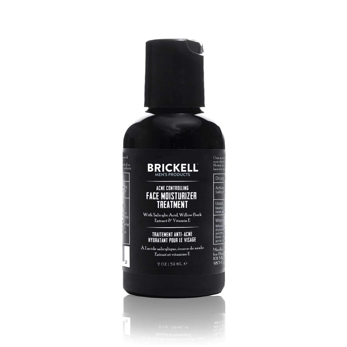 Brickell Men's Acne Controlling Moisturizer bottle close-up showing hydrated skin benefits.