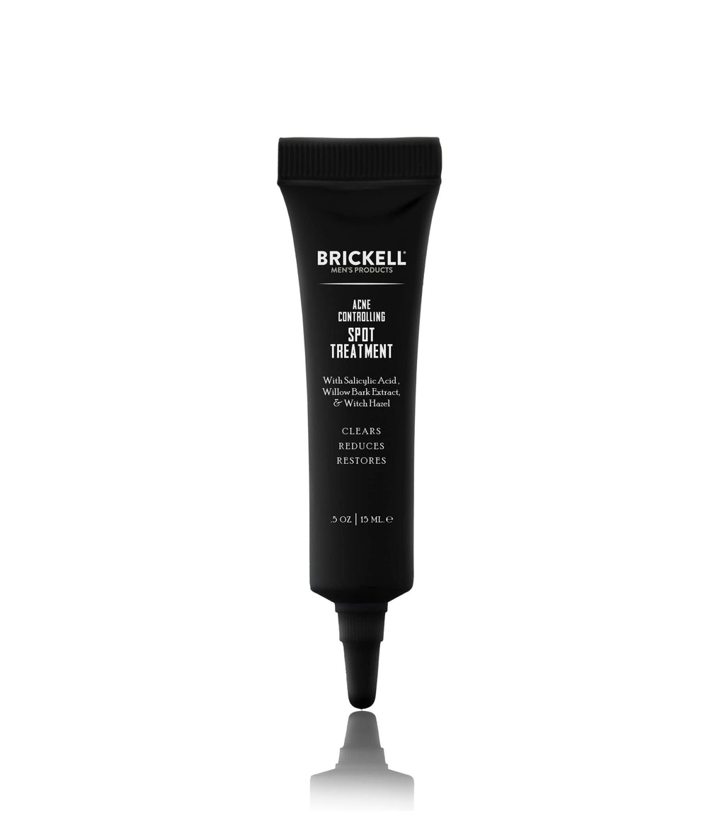 Brickell Men's Acne Spot Treatment bottle with unscented formula for targeted blemish relief.