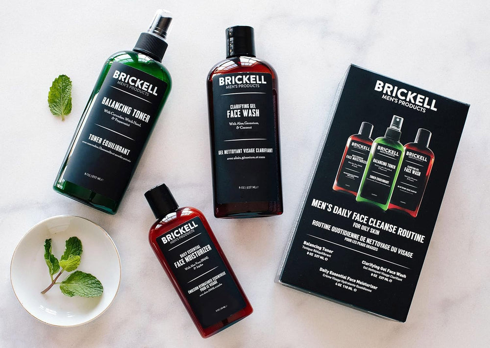 Brickell Men's Alcohol-Free Toner bottle shows refreshing toning for sensitive skin