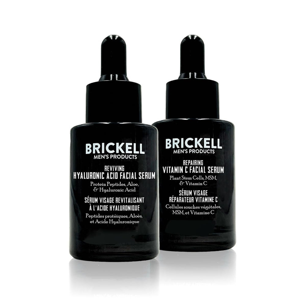 Brickell Men's Daily Anti-Aging Serum Bottle showing a natural formula for revitalized-looking skin.