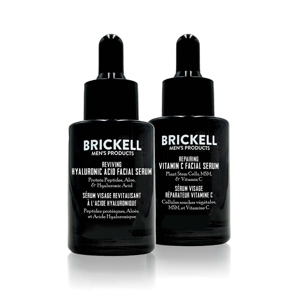 Brickell Men's Daily Anti-Aging Serum Bottle showing a natural formula for revitalized-looking skin.