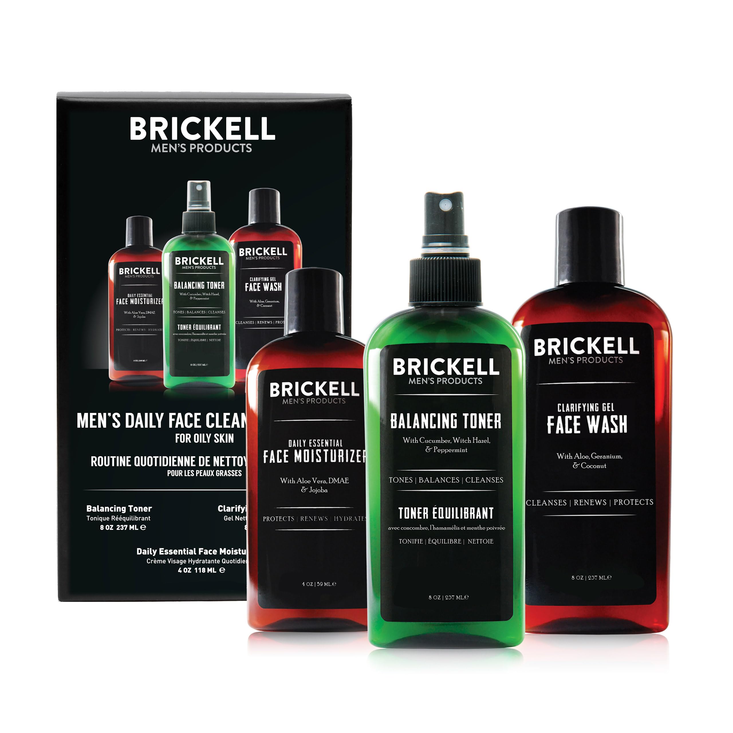 Brickell Men's Daily Face Cleanse Routine packaging shown for easy at-home oily skin care