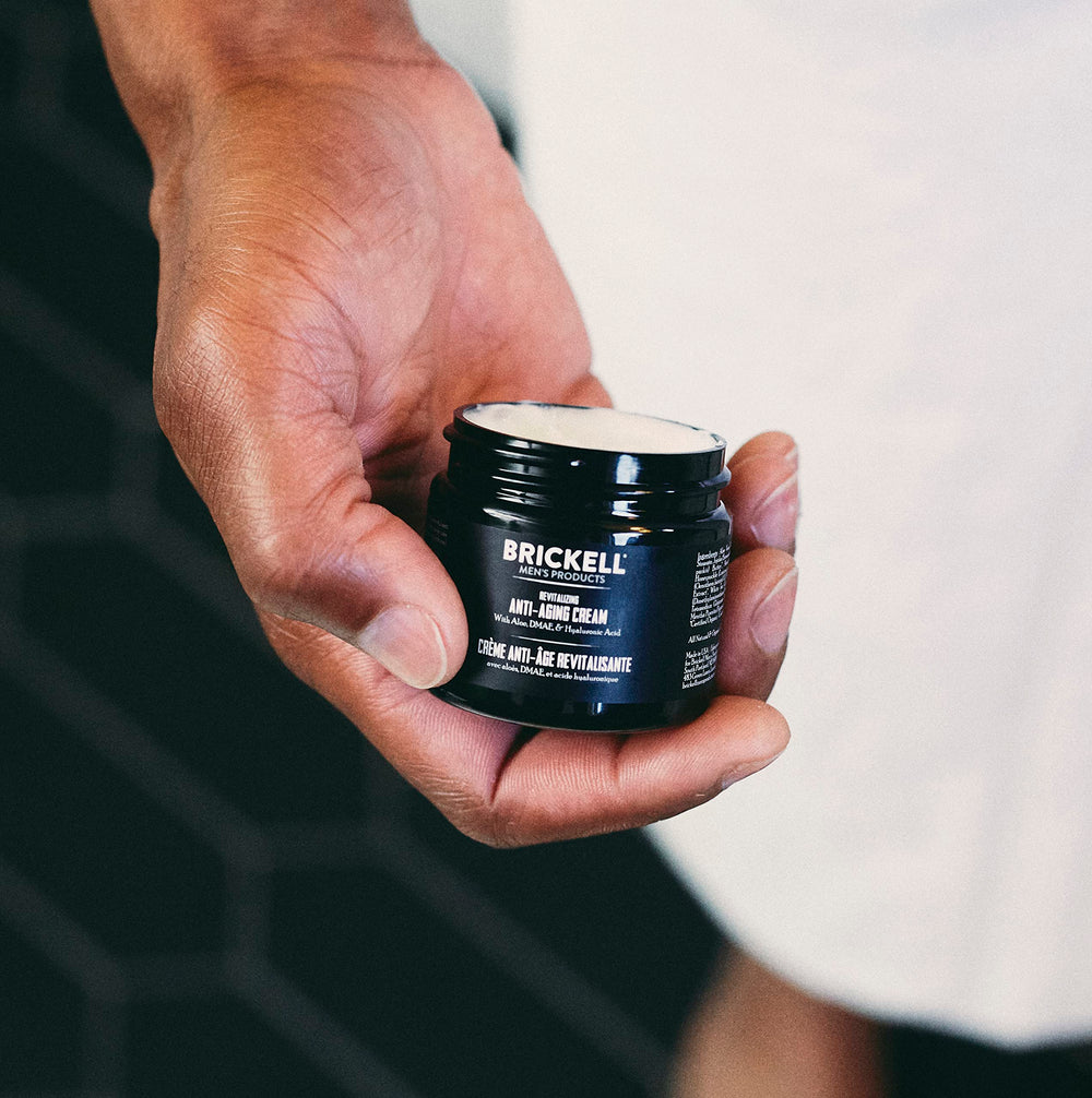 Brickell Men's Day Cream bottle showcases lightweight hydration for daytime use.