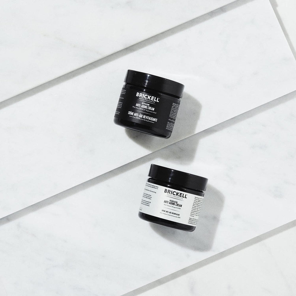 Brickell Men's Day Night Cream Set packaging highlights natural, unscented care.