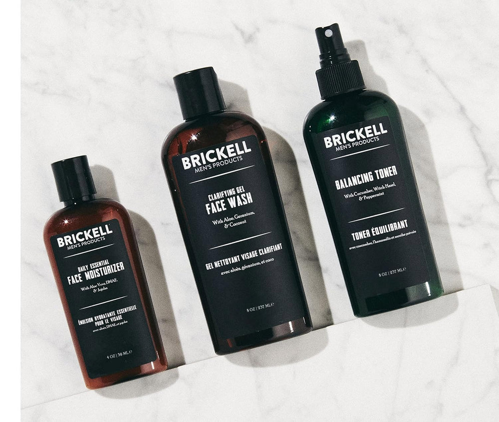 Brickell Men's Gel Facial Wash bottle close-up highlighting gentle coconut-based cleansing