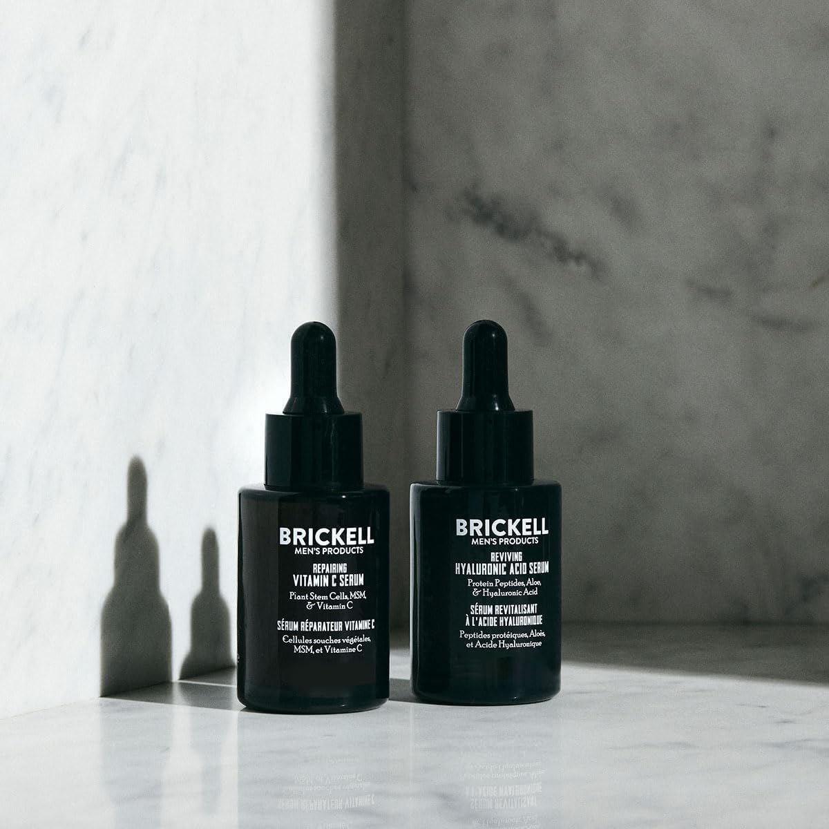 Brickell Men's Night Serum jar close-up; unscented formula for overnight skin support.